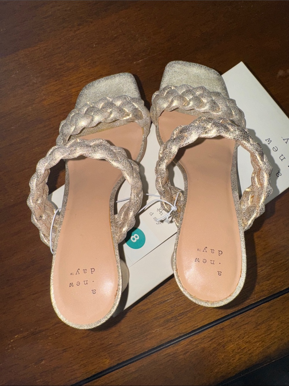 NWT & Box A new day Metallic Gold Braided Double-Strap Heeled Sandals - Picture 4 of 6